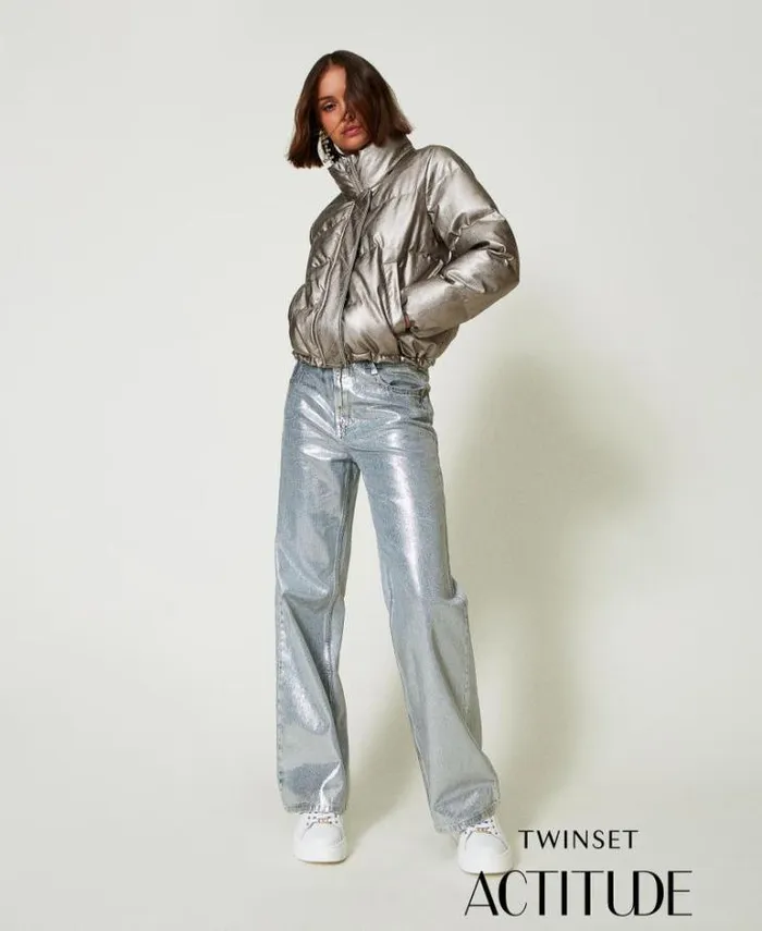 Twinset Jeans Wide Leg Jeans With Silver Coating Laminated Denim 8211 Clothing