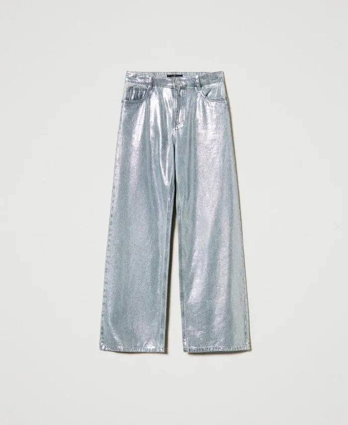Twinset Jeans Wide Leg Jeans With Silver Coating Laminated Denim 8211 Clothing