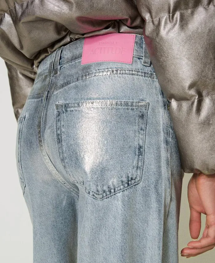 Twinset Jeans Wide Leg Jeans With Silver Coating Laminated Denim 8211 Clothing