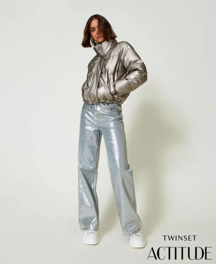 Twinset Jeans Wide Leg Jeans With Silver Coating Laminated Denim 8211 Clothing