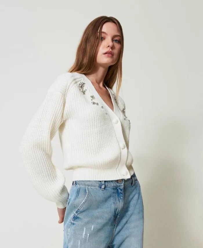 Twinset Jumpers And Cardigans Cardigan With Handmade Embroidery White Cream 8211 Clothing