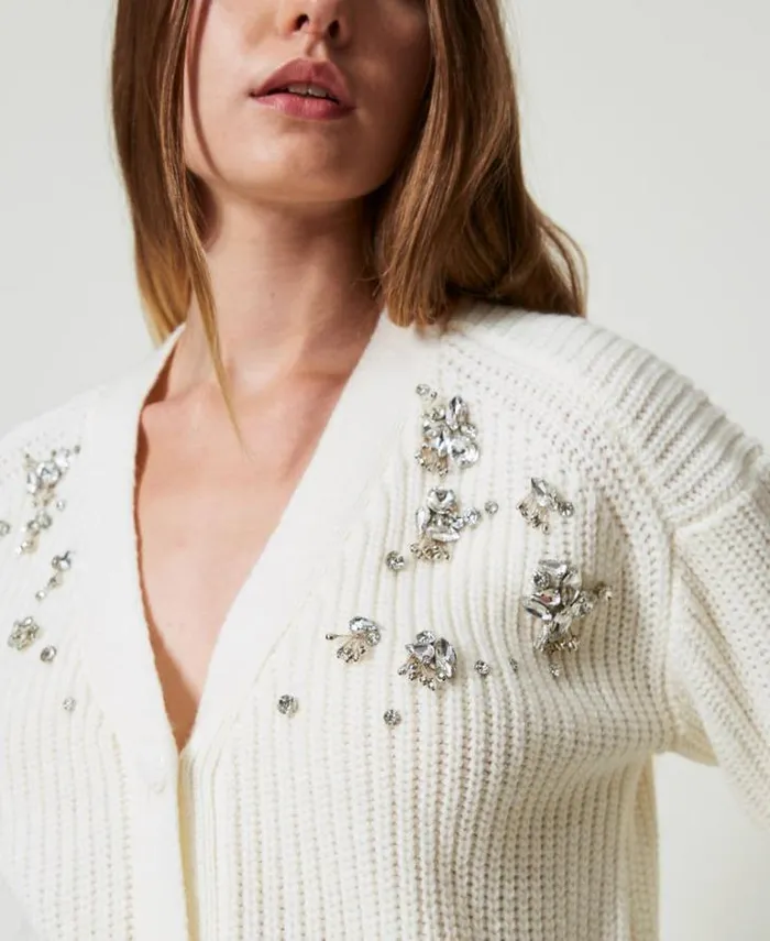 Twinset Jumpers And Cardigans Cardigan With Handmade Embroidery White Cream 8211 Clothing