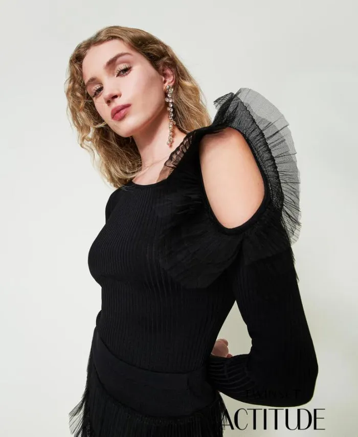 Twinset Jumpers And Cardigans Fitted Jumper With Cutout And Tulle Black 8211 Clothing