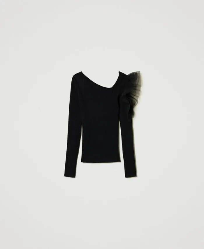 Twinset Jumpers And Cardigans Fitted Jumper With Cutout And Tulle Black 8211 Clothing