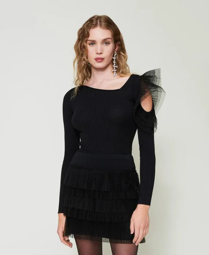 Twinset Jumpers And Cardigans Fitted Jumper With Cutout And Tulle Black 8211 Clothing
