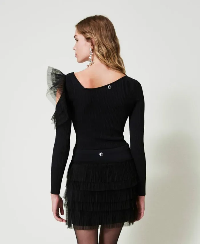 Twinset Jumpers And Cardigans Fitted Jumper With Cutout And Tulle Black 8211 Clothing