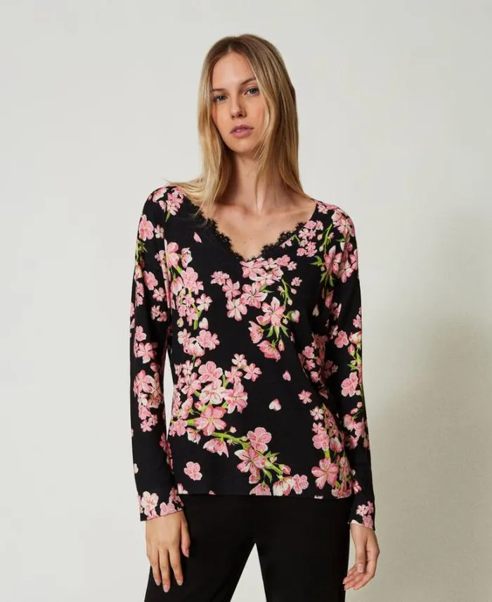 Twinset Jumpers And Cardigans Jumper With Floral Print And Lace Multicolour Blooming 8211 Clothing