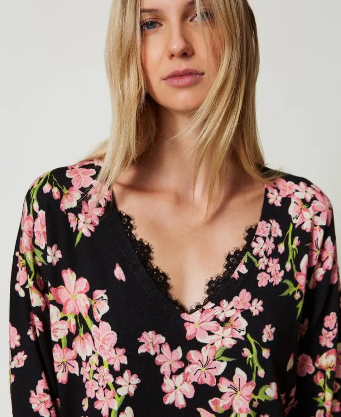 Twinset Jumpers And Cardigans Jumper With Floral Print And Lace Multicolour Blooming 8211 Clothing