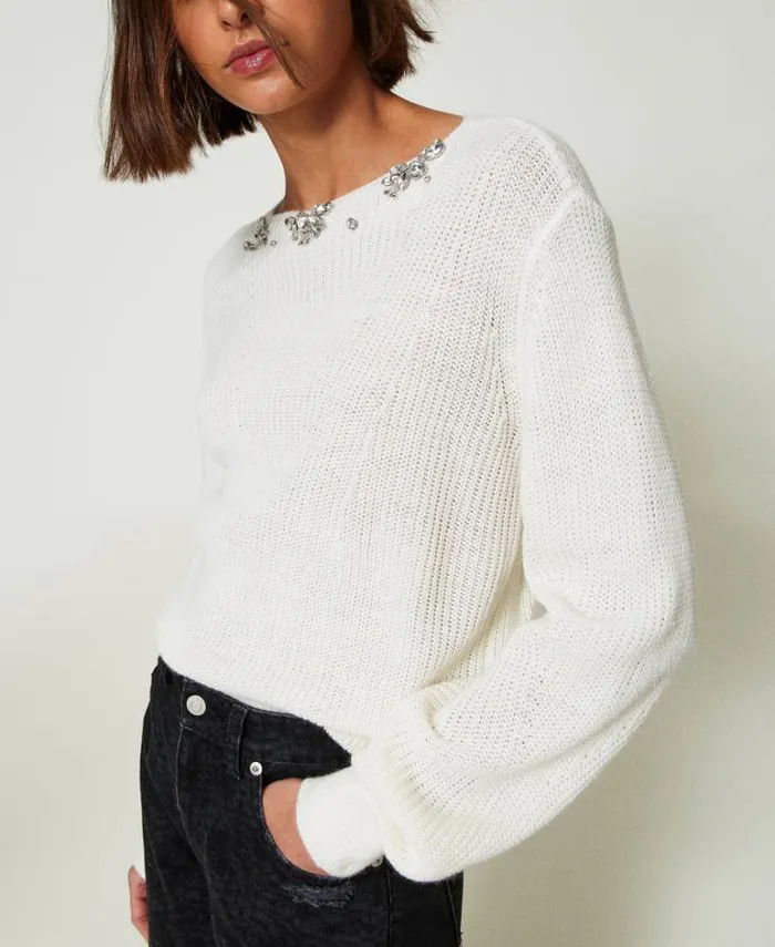Twinset Jumpers And Cardigans Jumper With Handmade Embroidery White Cream 8211 Clothing