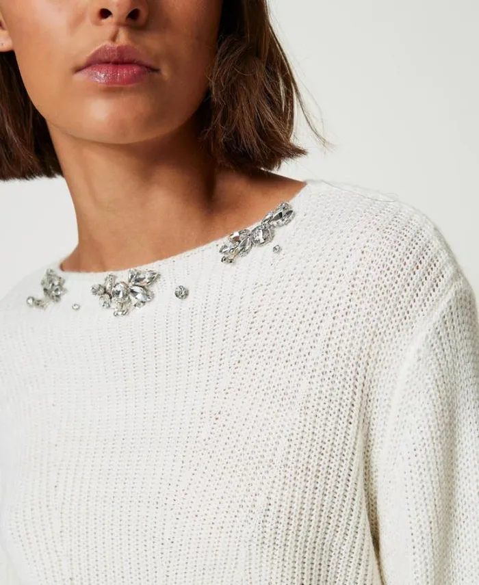 Twinset Jumpers And Cardigans Jumper With Handmade Embroidery White Cream 8211 Clothing