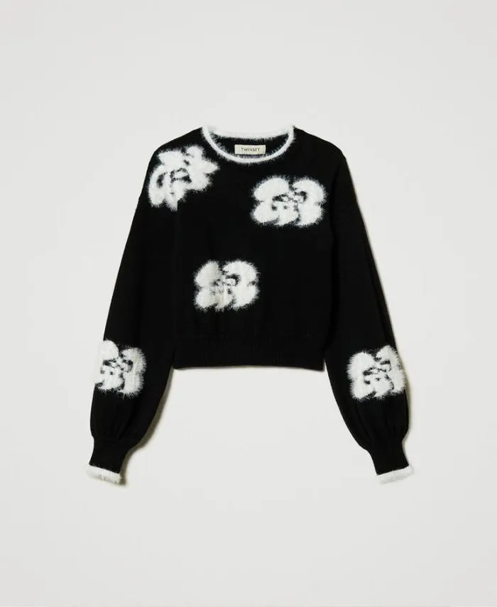 Twinset Jumpers And Cardigans Jumper With Inlaid Flowers Bicolour Black Off White 8211 Girl