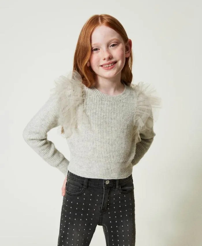 Twinset Jumpers And Cardigans Regular Fit Jumper With Tulle Flounces Melange Grey 8211 Girl