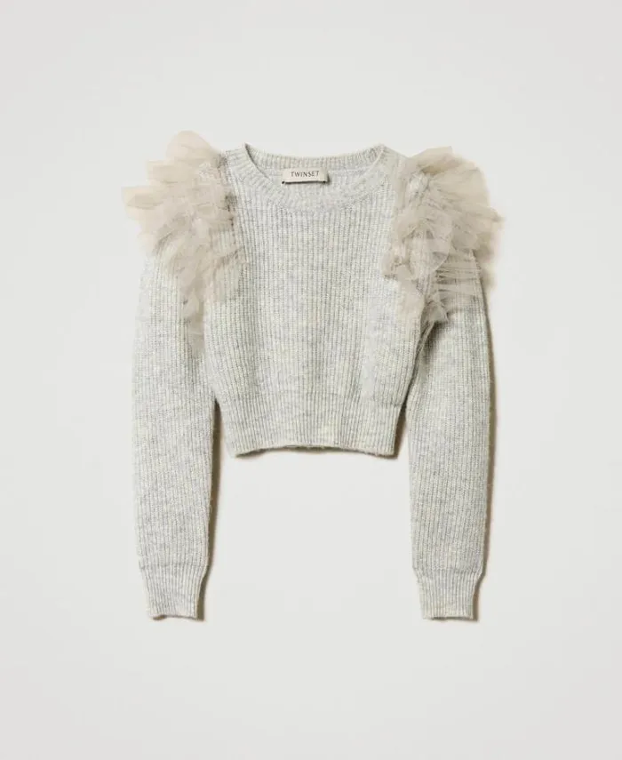 Twinset Jumpers And Cardigans Regular Fit Jumper With Tulle Flounces Melange Grey 8211 Girl
