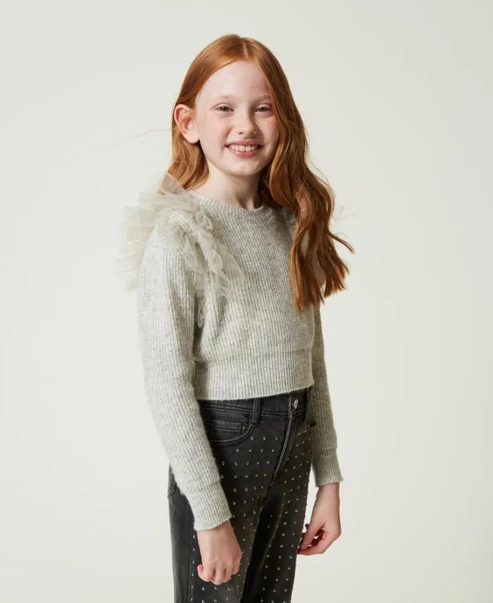 Twinset Jumpers And Cardigans Regular Fit Jumper With Tulle Flounces Melange Grey 8211 Girl