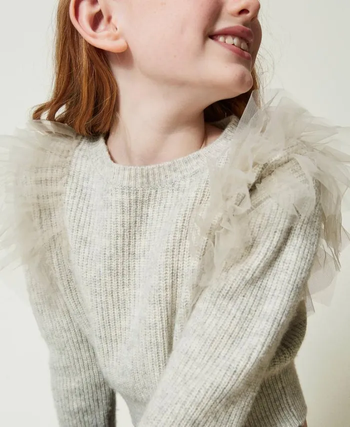 Twinset Jumpers And Cardigans Regular Fit Jumper With Tulle Flounces Melange Grey 8211 Girl