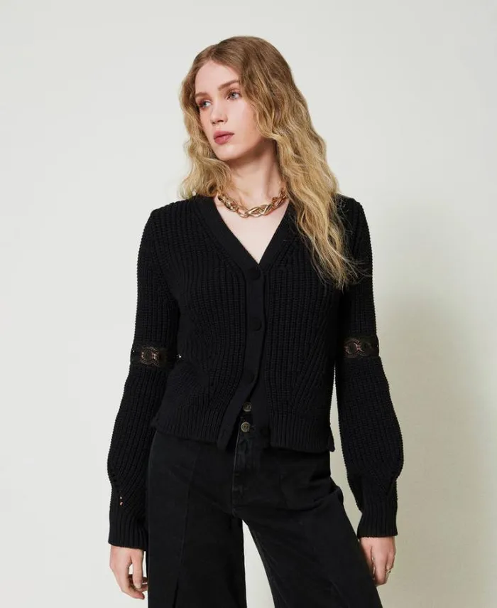 Twinset Jumpers And Cardigans Ribbed Cardigan With Lace Black 8211 Clothing