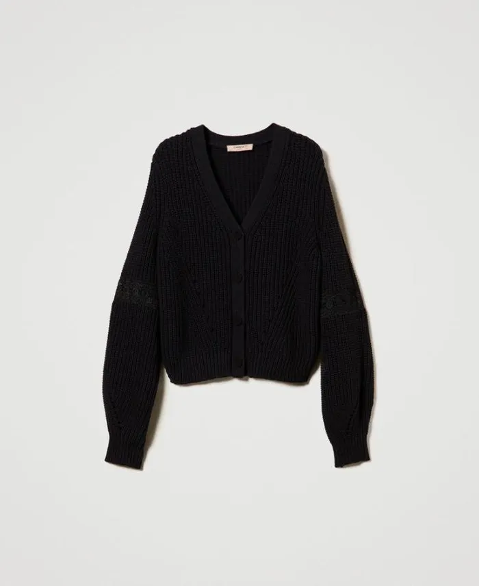 Twinset Jumpers And Cardigans Ribbed Cardigan With Lace Black 8211 Clothing