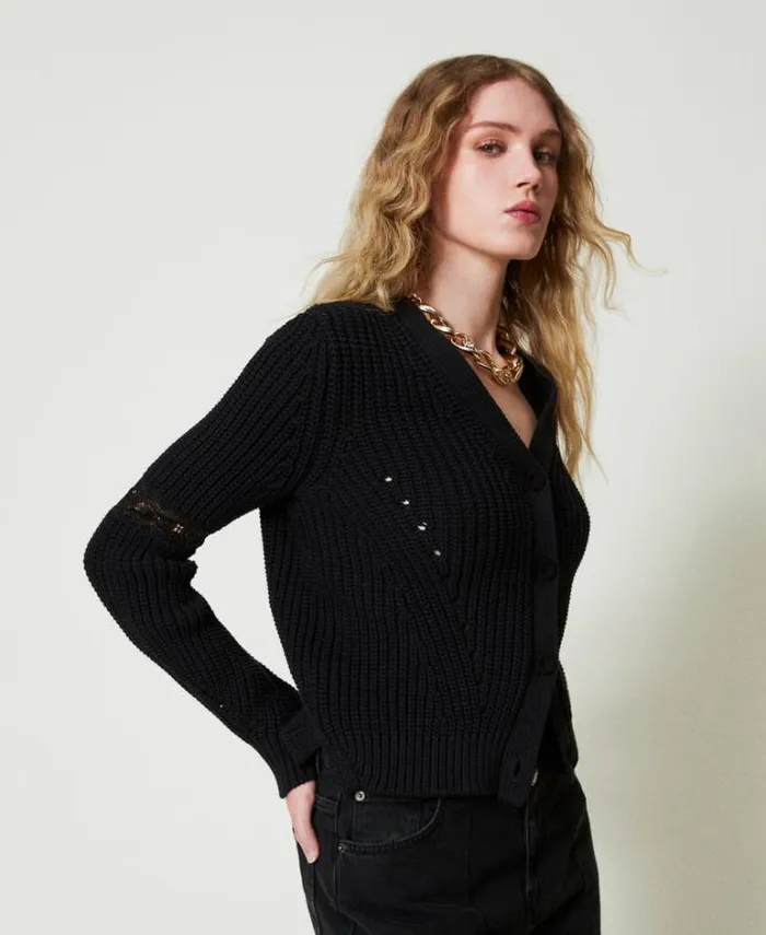 Twinset Jumpers And Cardigans Ribbed Cardigan With Lace Black 8211 Clothing