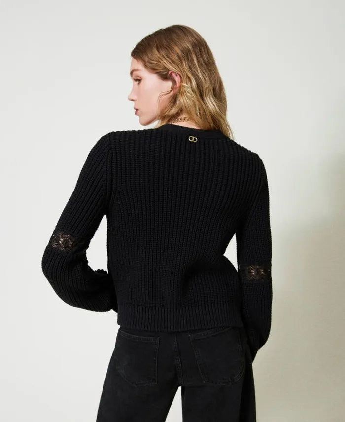 Twinset Jumpers And Cardigans Ribbed Cardigan With Lace Black 8211 Clothing