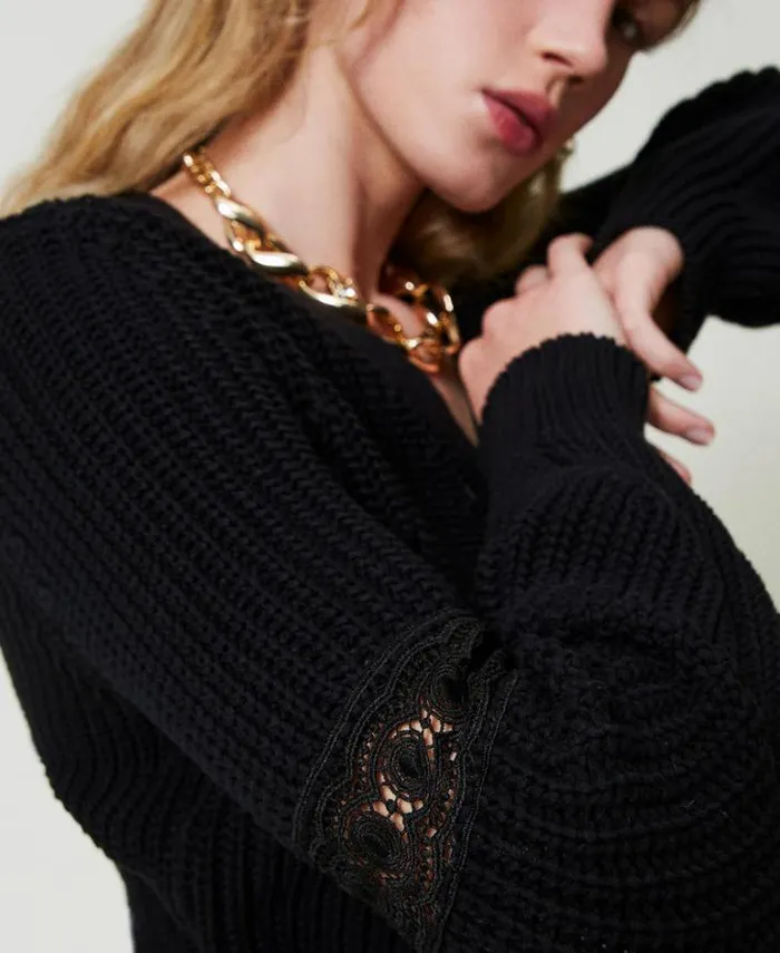 Twinset Jumpers And Cardigans Ribbed Cardigan With Lace Black 8211 Clothing