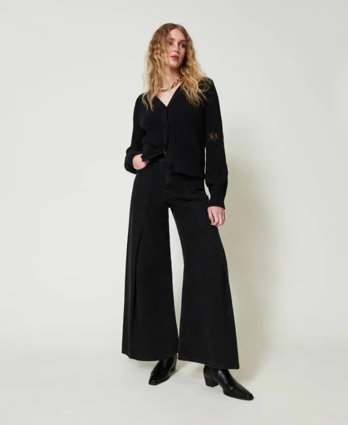 Twinset Jumpers And Cardigans Ribbed Cardigan With Lace Black 8211 Clothing