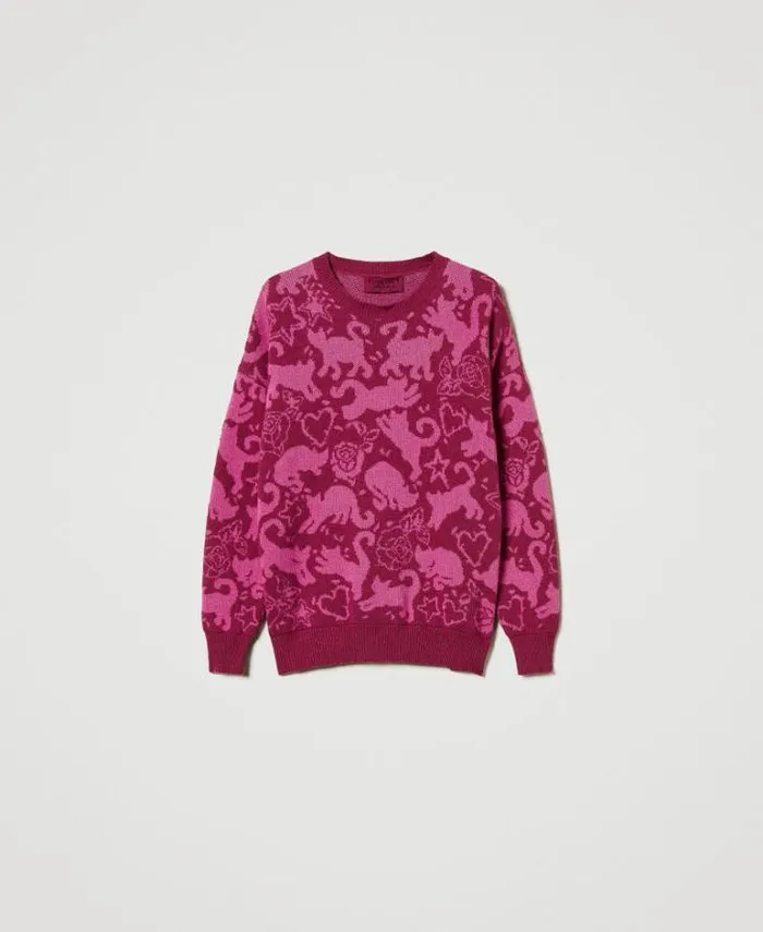 Twinset Jumpers And Cardigans Treeblend Yarn Jacquard Jumper Raspberry Radiance Cone Flower Jacquard Cats 8211 Clothing