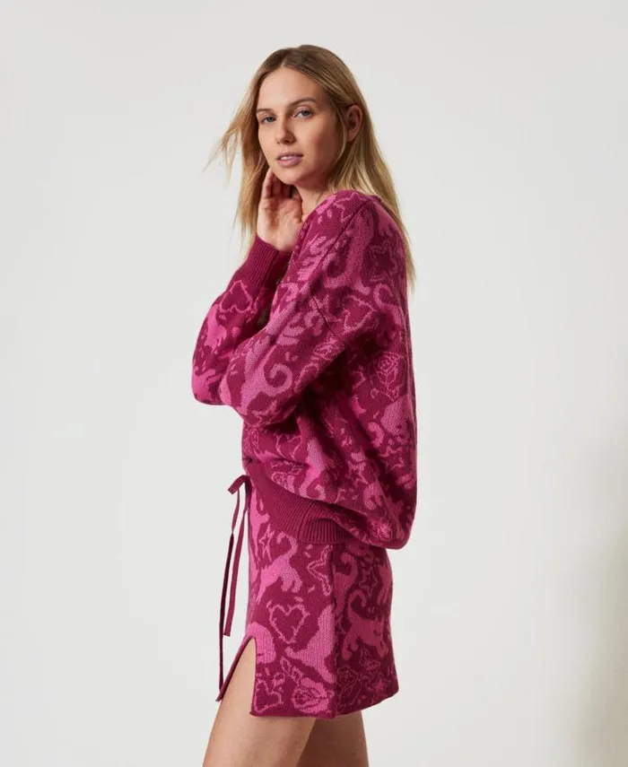 Twinset Jumpers And Cardigans Treeblend Yarn Jacquard Jumper Raspberry Radiance Cone Flower Jacquard Cats 8211 Clothing
