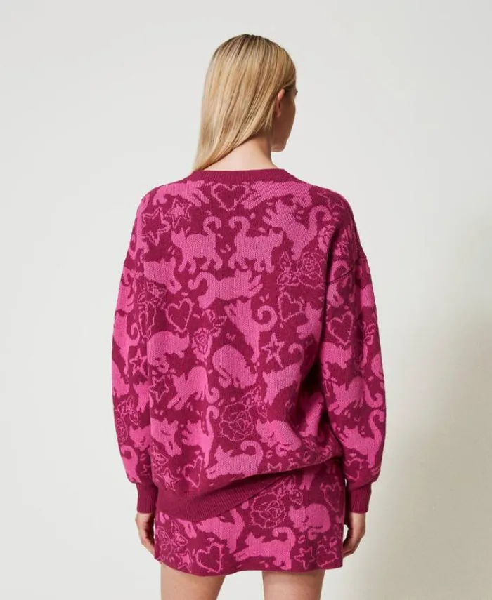 Twinset Jumpers And Cardigans Treeblend Yarn Jacquard Jumper Raspberry Radiance Cone Flower Jacquard Cats 8211 Clothing