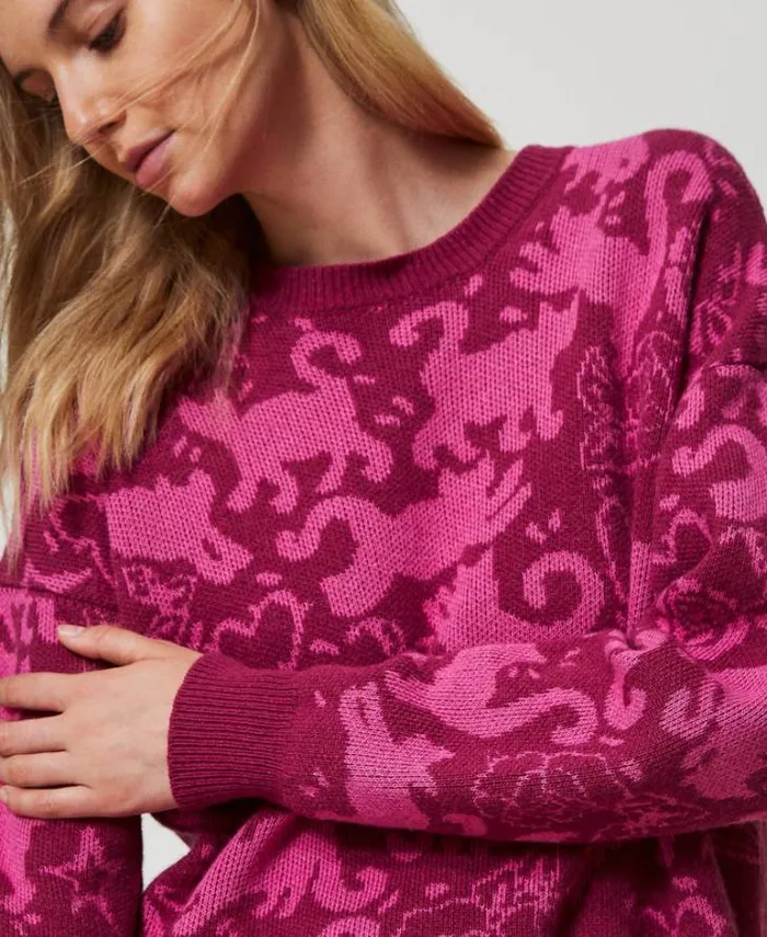 Twinset Jumpers And Cardigans Treeblend Yarn Jacquard Jumper Raspberry Radiance Cone Flower Jacquard Cats 8211 Clothing
