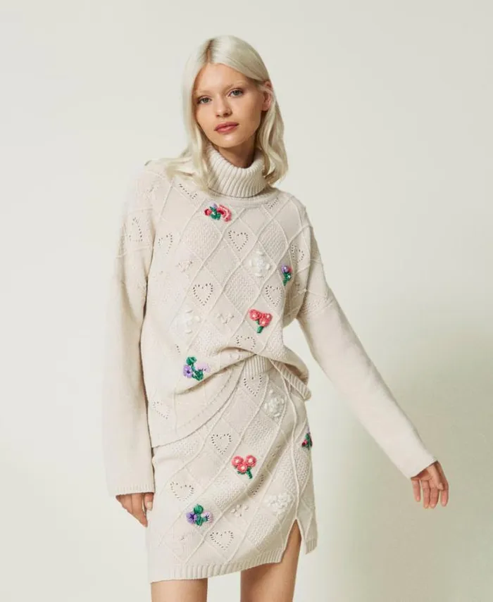 Twinset Jumpers And Cardigans Treeblend Yarn Jumper With Handmade Embroidery Pale Cream 8211 Clothing