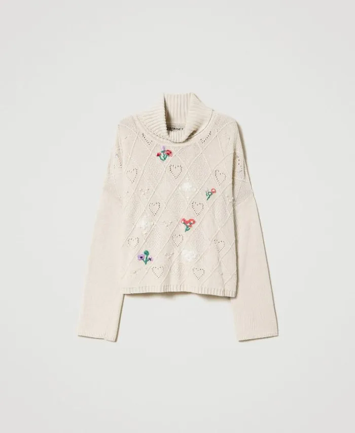 Twinset Jumpers And Cardigans Treeblend Yarn Jumper With Handmade Embroidery Pale Cream 8211 Clothing