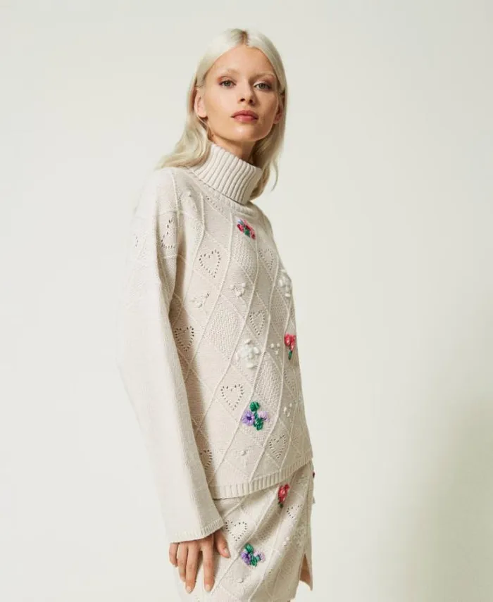 Twinset Jumpers And Cardigans Treeblend Yarn Jumper With Handmade Embroidery Pale Cream 8211 Clothing