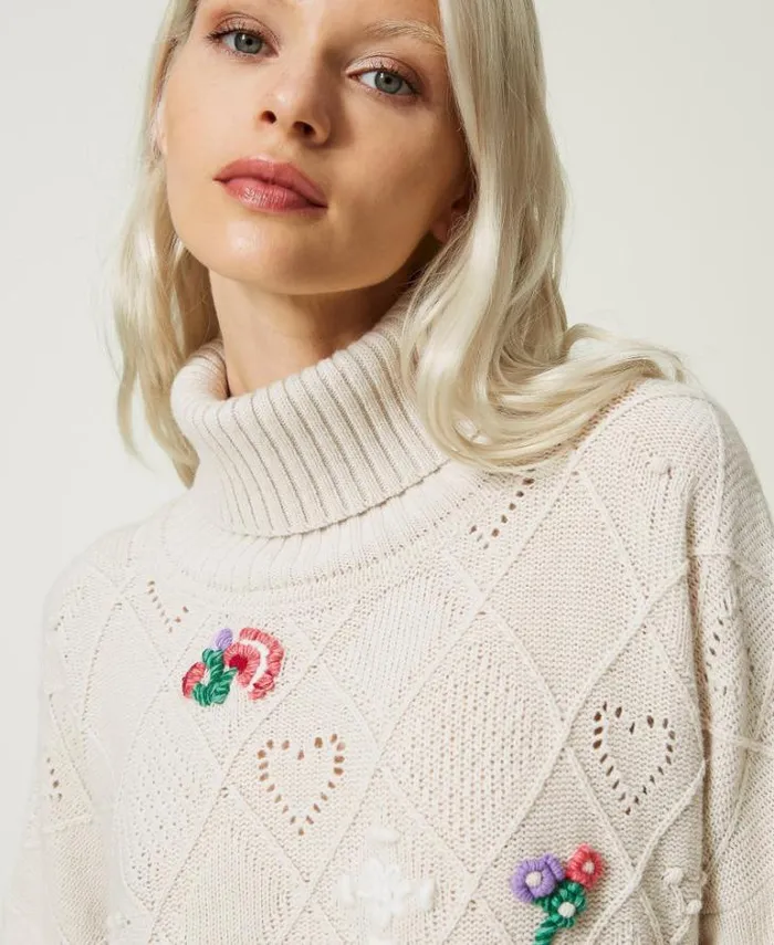 Twinset Jumpers And Cardigans Treeblend Yarn Jumper With Handmade Embroidery Pale Cream 8211 Clothing