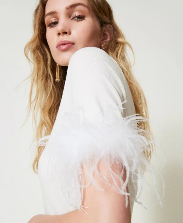 Twinset Jumpers And Cardigans Turtleneck Jumper With Feathers White Snow 8211 Clothing