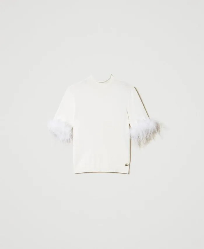 Twinset Jumpers And Cardigans Turtleneck Jumper With Feathers White Snow 8211 Clothing