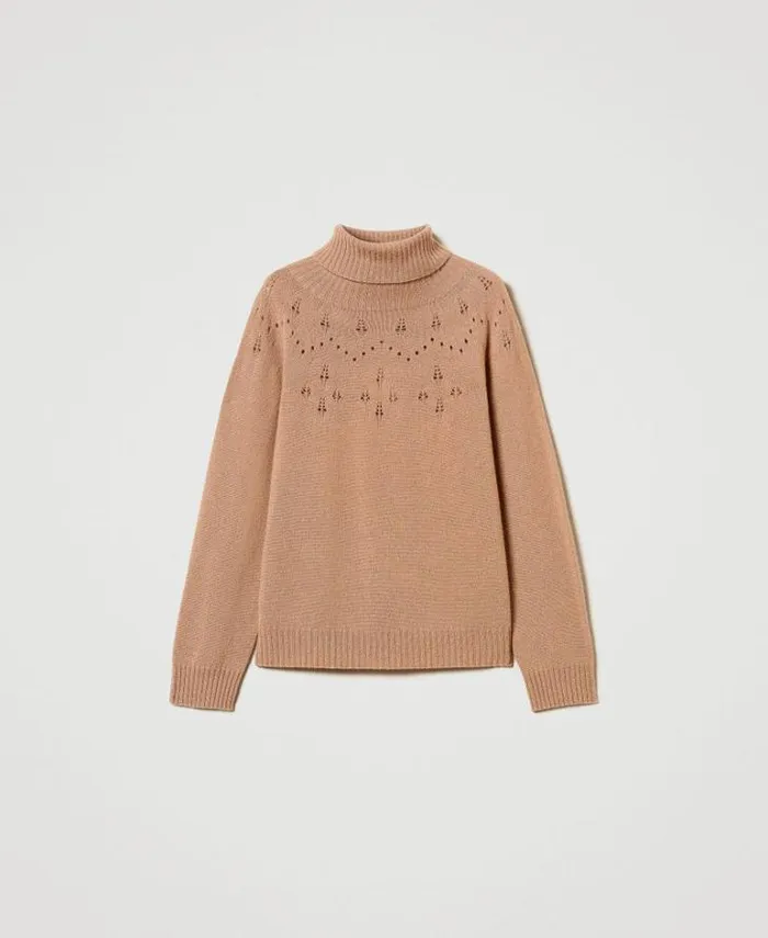 Twinset Jumpers And Cardigans Wool And Lurex Blend High Neck Jumper Twotone Sandy Brown Lurex Gold 8211 Clothing