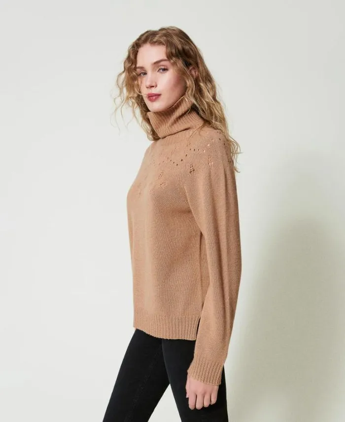 Twinset Jumpers And Cardigans Wool And Lurex Blend High Neck Jumper Twotone Sandy Brown Lurex Gold 8211 Clothing