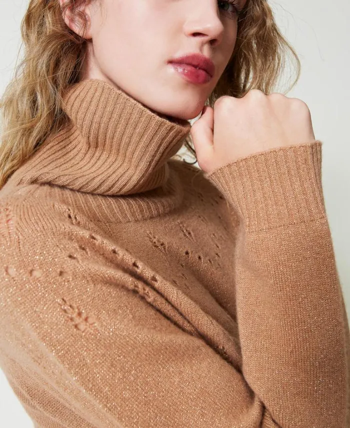Twinset Jumpers And Cardigans Wool And Lurex Blend High Neck Jumper Twotone Sandy Brown Lurex Gold 8211 Clothing