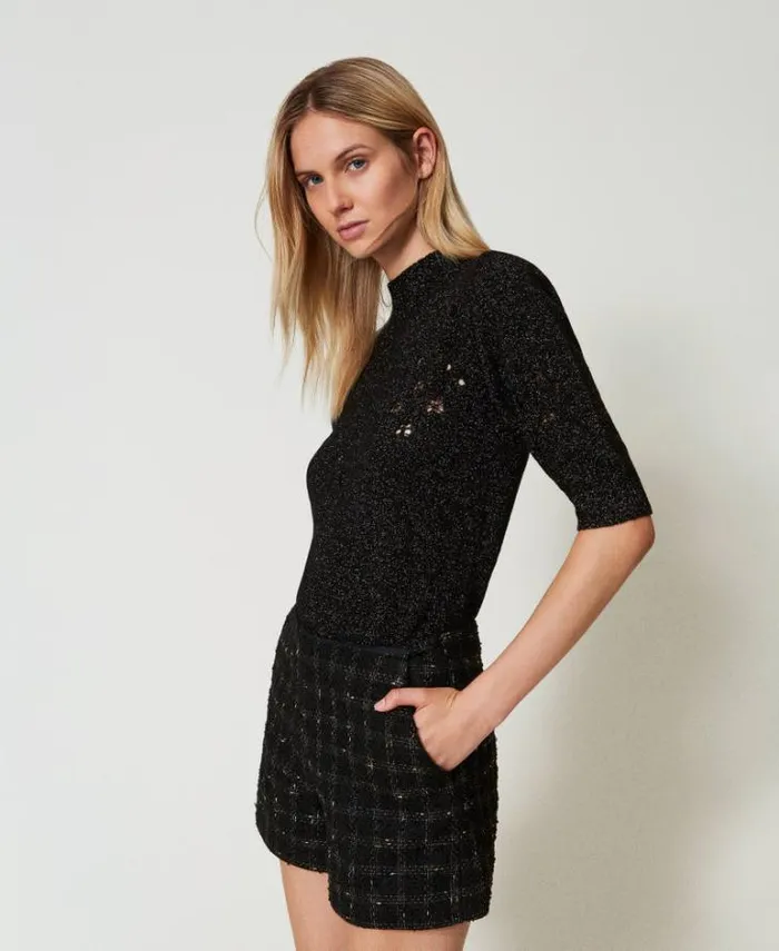 Twinset Jumpers And Cardigans Wool And Lurex Blend Turtleneck Jumper Twotone Black Lurex Gold 8211 Clothing
