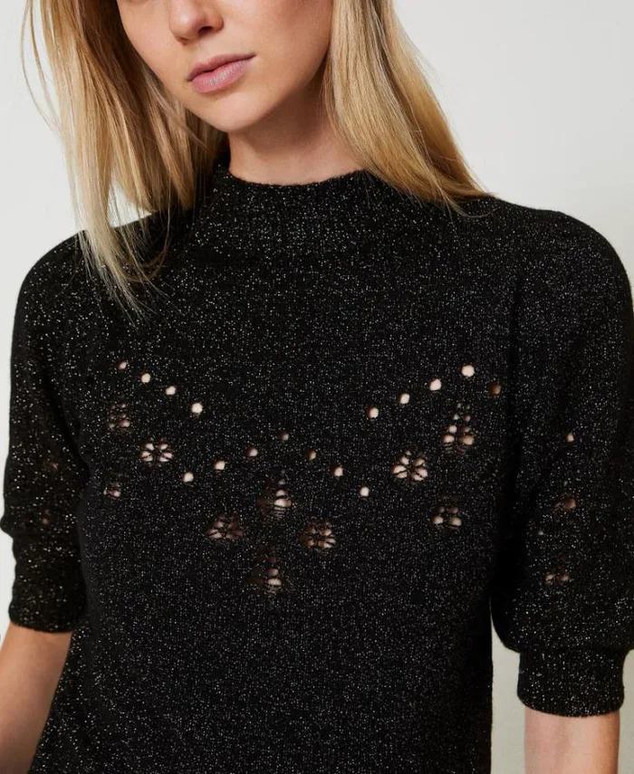 Twinset Jumpers And Cardigans Wool And Lurex Blend Turtleneck Jumper Twotone Black Lurex Gold 8211 Clothing