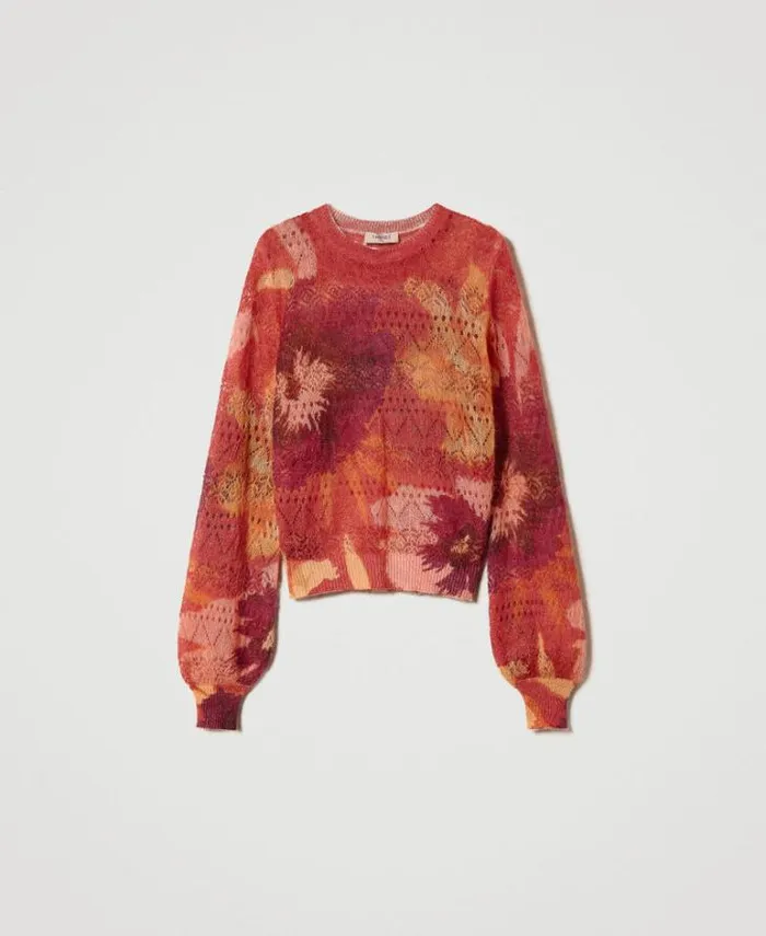 Twinset Jumpers And Cardigans Wool And Mohair Blend Jumper Red Red Plum Macro Flowers 8211 Clothing