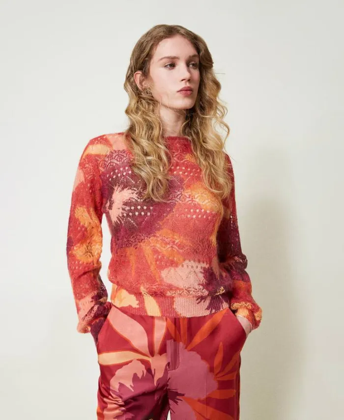 Twinset Jumpers And Cardigans Wool And Mohair Blend Jumper Red Red Plum Macro Flowers 8211 Clothing