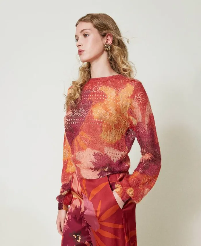 Twinset Jumpers And Cardigans Wool And Mohair Blend Jumper Red Red Plum Macro Flowers 8211 Clothing
