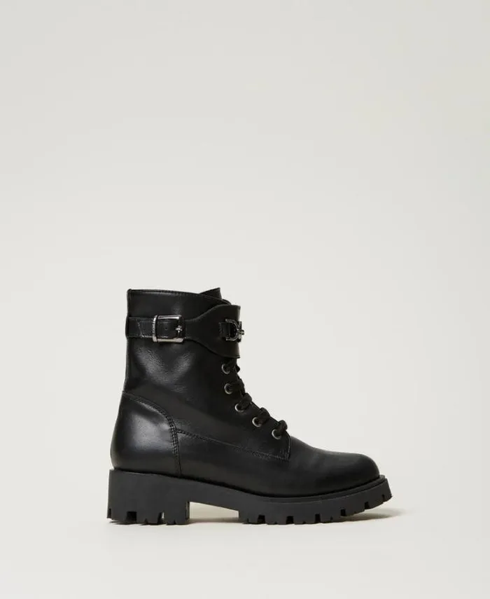 Twinset Shoes Leather Combat Boots With Strap Black 8211 Girl