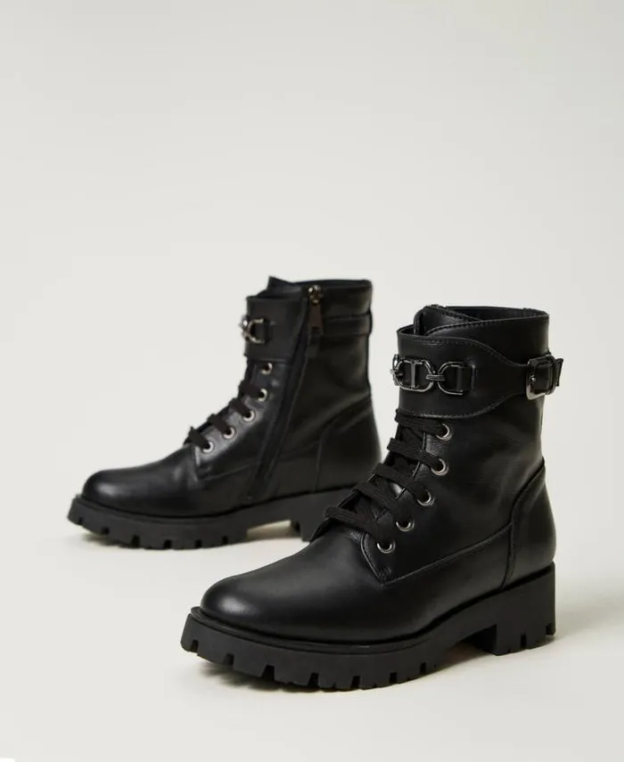 Twinset Shoes Leather Combat Boots With Strap Black 8211 Girl