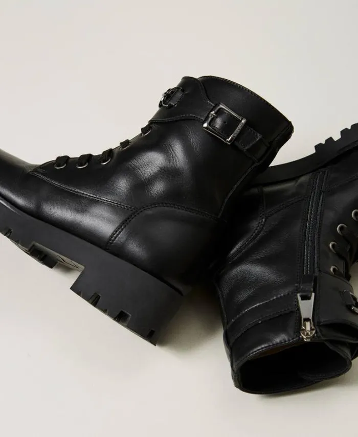Twinset Shoes Leather Combat Boots With Strap Black 8211 Girl