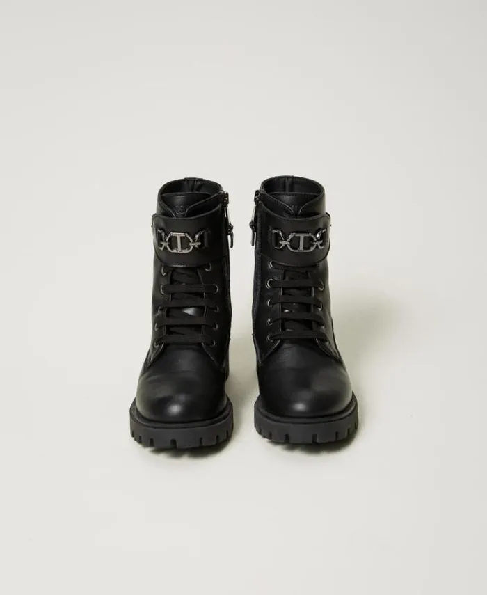Twinset Shoes Leather Combat Boots With Strap Black 8211 Girl