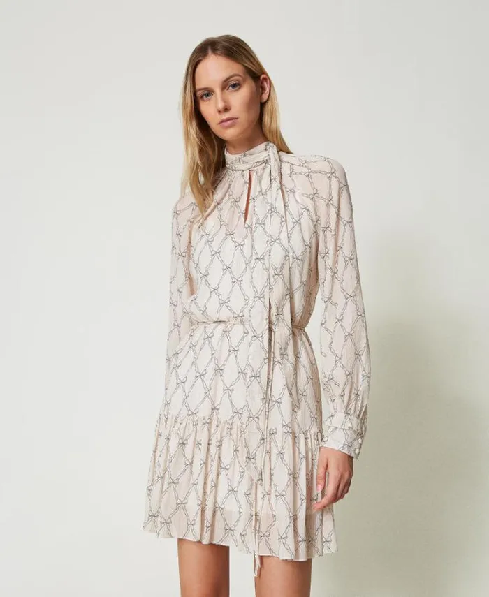 Twinset Short Dresses Short Creponne Dress With Bow Print White Cream Black Bow Print 8211 Clothing