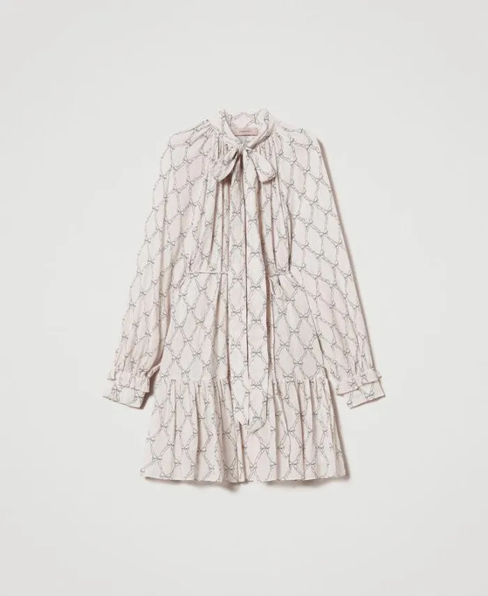 Twinset Short Dresses Short Creponne Dress With Bow Print White Cream Black Bow Print 8211 Clothing
