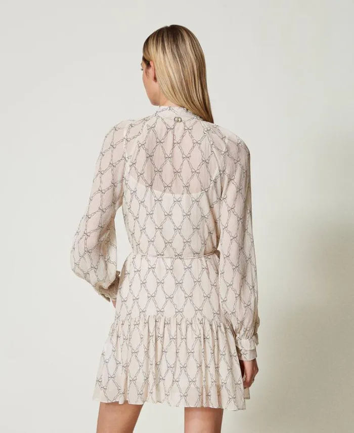 Twinset Short Dresses Short Creponne Dress With Bow Print White Cream Black Bow Print 8211 Clothing